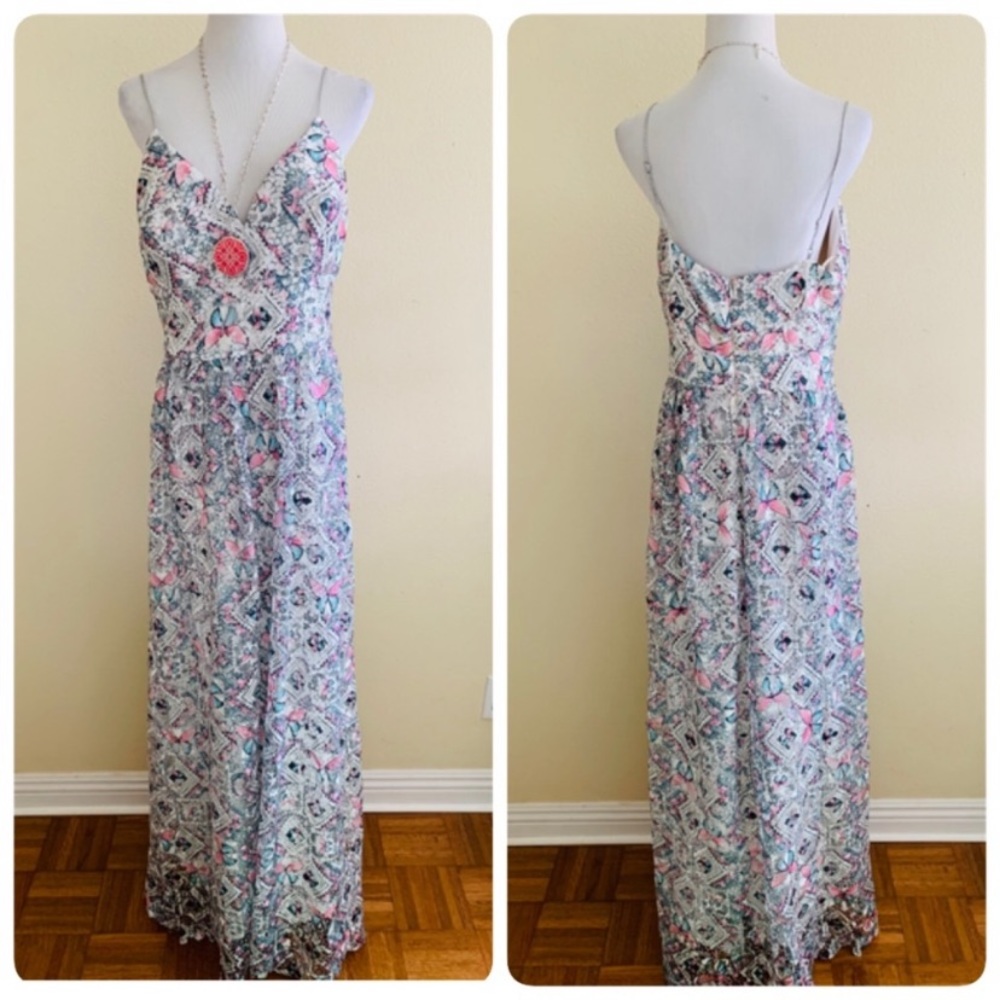 Nicole Miller Maxi Eyelet V Neck Spaghetti Dress